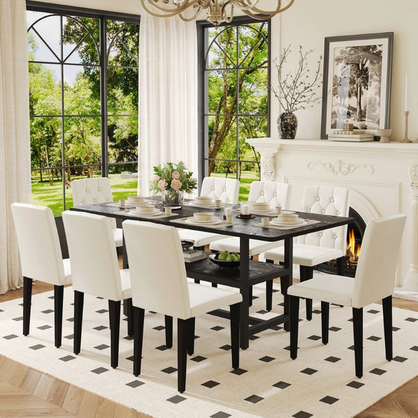 English Elm Table and Chair Set Seats 8 with Built-in Shelf Black Grain Mdf Top White Pu W1151S04324