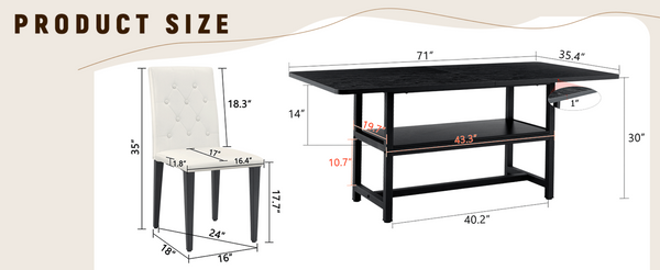 English Elm Table and Chair Set Seats 8 with Built-in Shelf Black Grain Mdf Top White Pu W1151S04324
