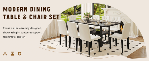 English Elm Table and Chair Set Seats 8 with Built-in Shelf Black Grain Mdf Top White Pu W1151S04324