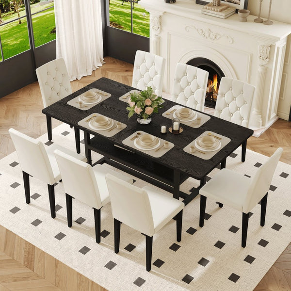 English Elm Table and Chair Set Seats 8 with Built-in Shelf Black Grain Mdf Top White Pu W1151S04324