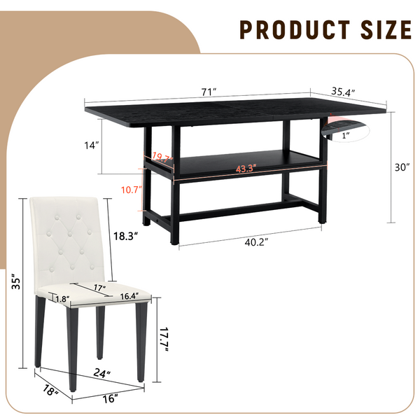 English Elm Table and Chair Set Seats 8 with Built-in Shelf Black Grain Mdf Top White Pu W1151S04324