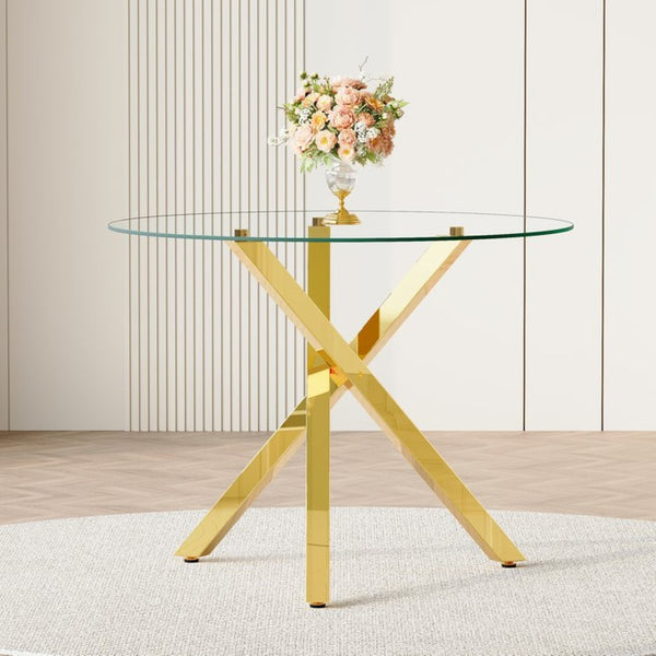 English Elm Round Glass Dining Table with Gold X Base Seats Four in Compact Modern Spaces W1151S04411