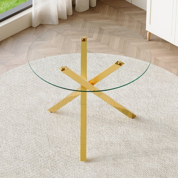 English Elm Round Glass Dining Table with Gold X Base Seats Four in Compact Modern Spaces W1151S04411