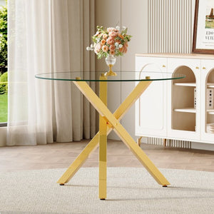 English Elm Round Glass Dining Table with Gold X Base Seats Four in Compact Modern Spaces W1151S04411
