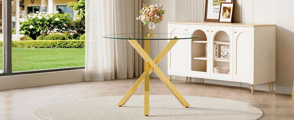 English Elm Round Glass Dining Table with Gold X Base Seats Four in Compact Modern Spaces W1151S04411