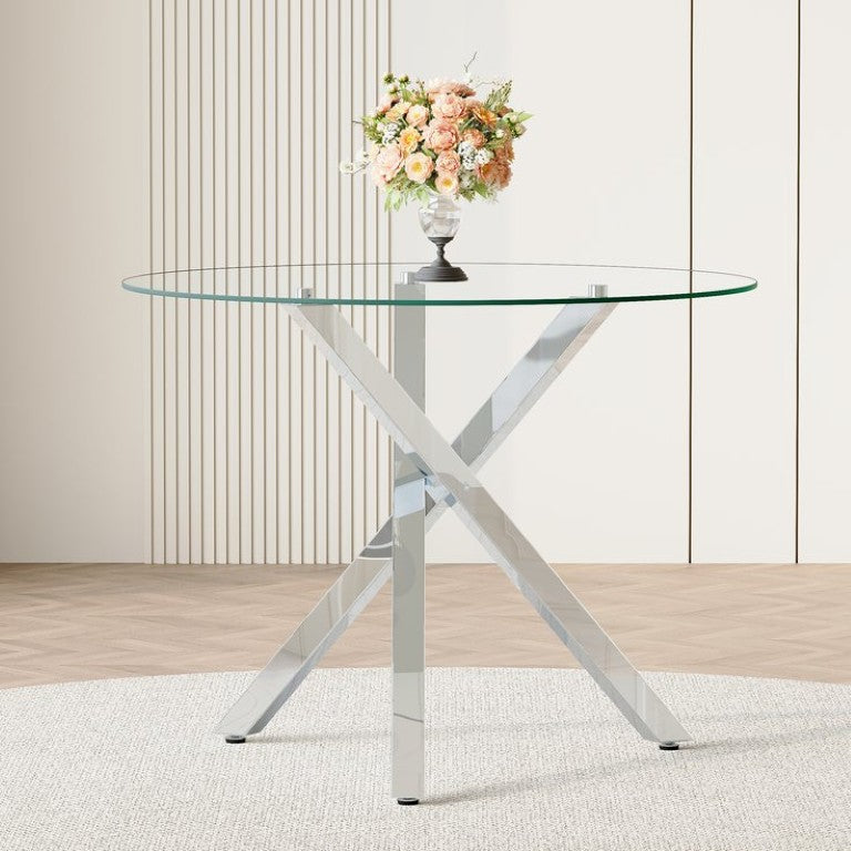 English Elm Round Glass Dining Table with X Base Seats Four Tempered Top for Small Spaces W1151S04412