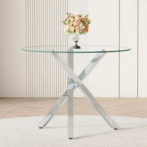 English Elm Round Glass Dining Table with X Base Seats Four Tempered Top for Small Spaces W1151S04412