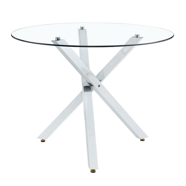 English Elm Round Glass Dining Table with X Base Seats Four Tempered Top for Small Spaces W1151S04412