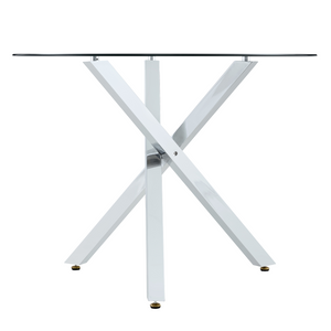 English Elm Round Glass Dining Table with X Base Seats Four Tempered Top for Small Spaces W1151S04412