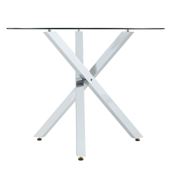 English Elm Round Glass Dining Table with X Base Seats Four Tempered Top for Small Spaces W1151S04412