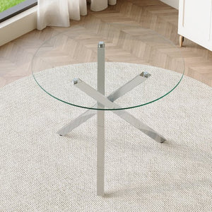 English Elm Round Glass Dining Table with X Base Seats Four Tempered Top for Small Spaces W1151S04412
