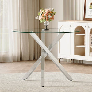 English Elm Round Glass Dining Table with X Base Seats Four Tempered Top for Small Spaces W1151S04412
