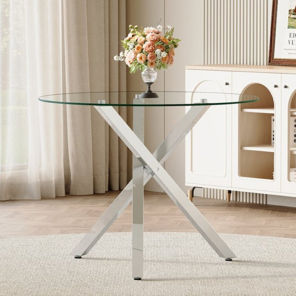 English Elm Round Glass Dining Table with X Base Seats Four Tempered Top for Small Spaces W1151S04412