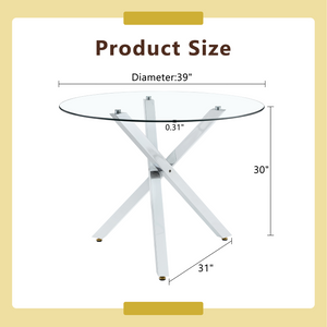 English Elm Round Glass Dining Table with X Base Seats Four Tempered Top for Small Spaces W1151S04412