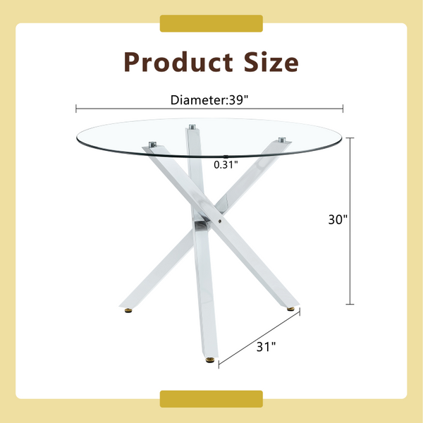 English Elm Round Glass Dining Table with X Base Seats Four Tempered Top for Small Spaces W1151S04412