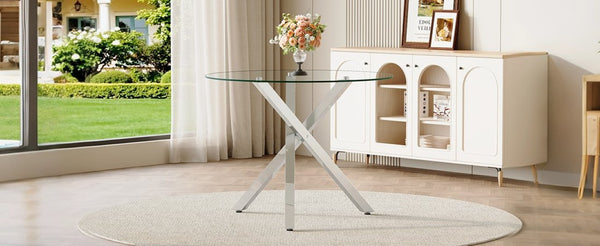 English Elm Round Glass Dining Table with X Base Seats Four Tempered Top for Small Spaces W1151S04412