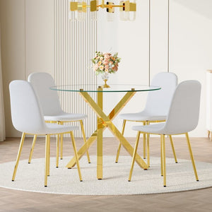 English Elm Table and Chair Set Round Glass Top with Gold X Base and Four Linen Dining Chairs W1151S04414
