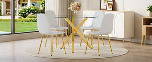 English Elm Table and Chair Set Round Glass Top with Gold X Base and Four Linen Dining Chairs W1151S04414