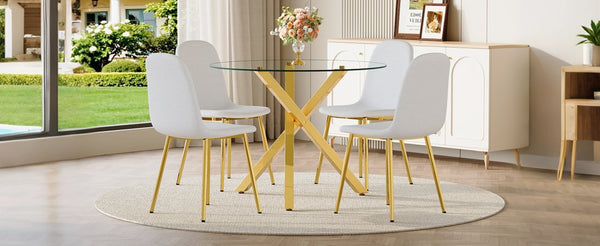 English Elm Table and Chair Set Round Glass Top with Gold X Base and Four Linen Dining Chairs W1151S04414