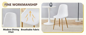 English Elm Table and Chair Set Round Glass Top with Gold X Base and Four Linen Dining Chairs W1151S04414