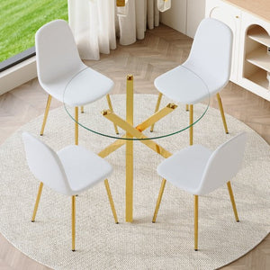 English Elm Table and Chair Set Round Glass Top with Gold X Base and Four Linen Dining Chairs W1151S04414