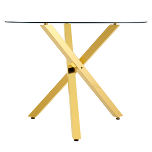 English Elm Table and Chair Set Round Glass Top with Gold X Base and Four Linen Dining Chairs W1151S04414