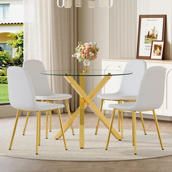 English Elm Table and Chair Set Round Glass Top with Gold X Base and Four Linen Dining Chairs W1151S04414