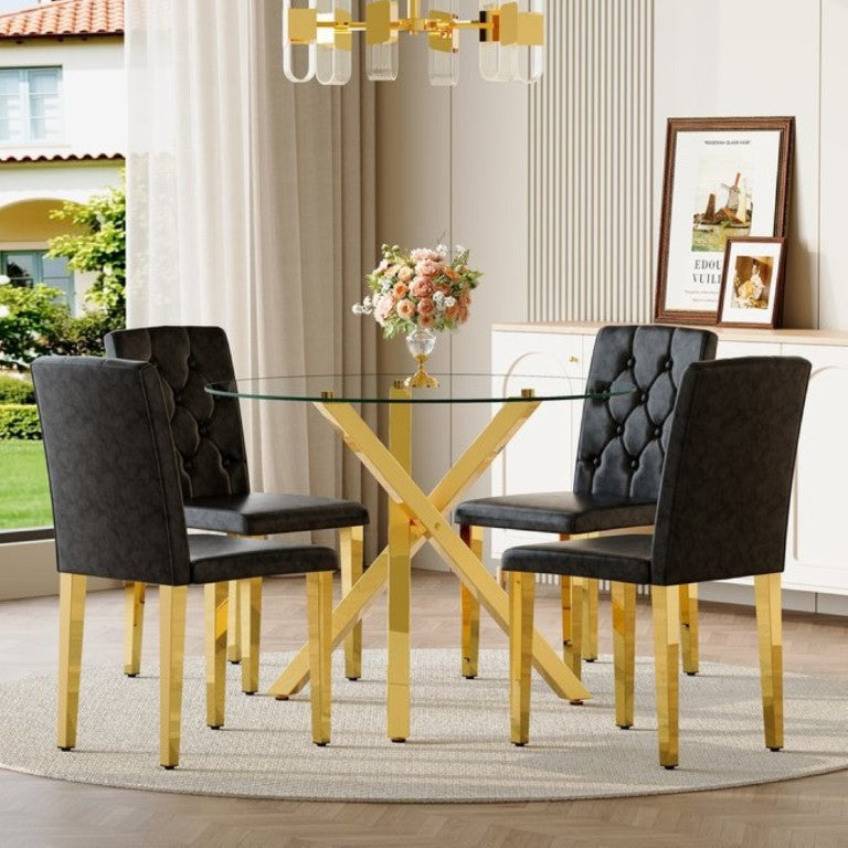 English Elm Table and Chair Set Round Tempered Glass Top Gold X Base with Four PU Seats W1151S04415