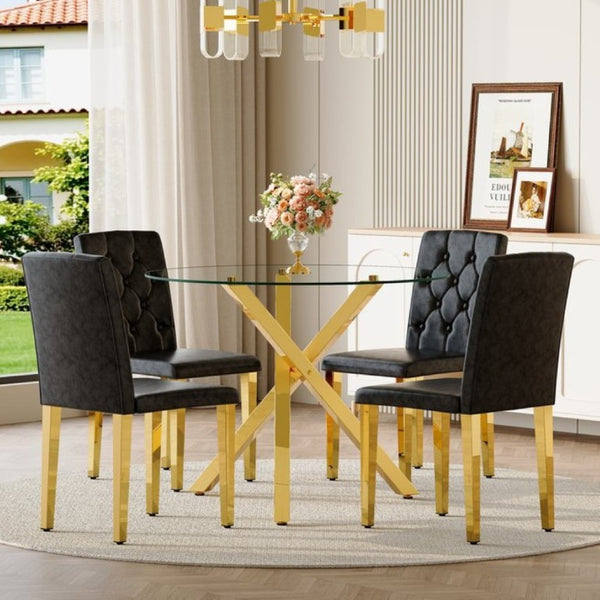 English Elm Table and Chair Set Round Tempered Glass Top Gold X Base with Four PU Seats W1151S04415