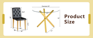 English Elm Table and Chair Set Round Tempered Glass Top Gold X Base with Four PU Seats W1151S04415