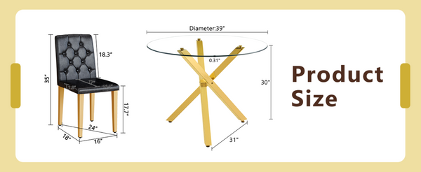 English Elm Table and Chair Set Round Tempered Glass Top Gold X Base with Four PU Seats W1151S04415