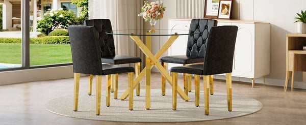 English Elm Table and Chair Set Round Tempered Glass Top Gold X Base with Four PU Seats W1151S04415