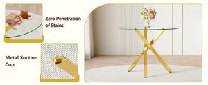 English Elm Table and Chair Set Round Tempered Glass Top Gold X Base with Four PU Seats W1151S04415