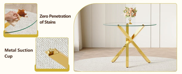 English Elm Table and Chair Set Round Tempered Glass Top Gold X Base with Four PU Seats W1151S04415