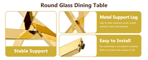 English Elm Table and Chair Set Round Tempered Glass Top Gold X Base with Four PU Seats W1151S04415