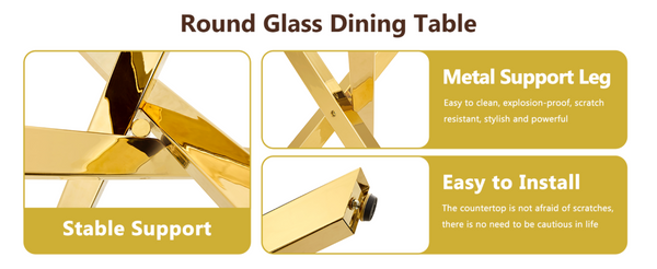 English Elm Table and Chair Set Round Tempered Glass Top Gold X Base with Four PU Seats W1151S04415
