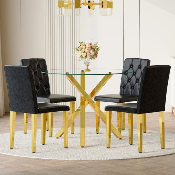 English Elm Table and Chair Set Round Tempered Glass Top Gold X Base with Four PU Seats W1151S04415