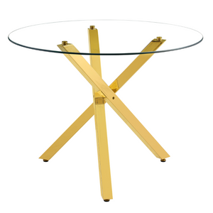 English Elm Table and Chair Set Round Tempered Glass Top Gold X Base with Four PU Seats W1151S04415