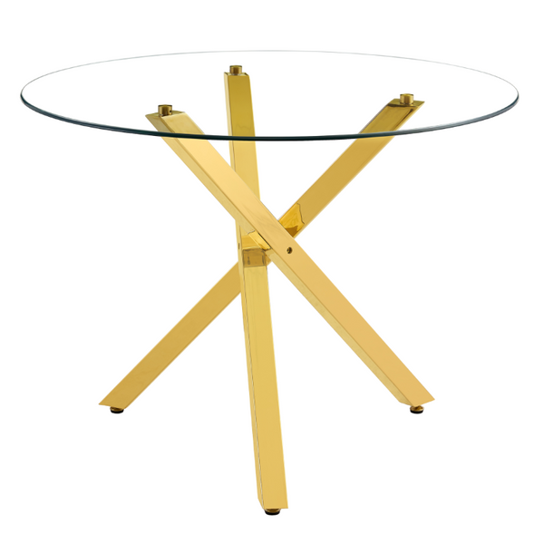 English Elm Table and Chair Set Round Tempered Glass Top Gold X Base with Four PU Seats W1151S04415