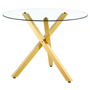 English Elm Table and Chair Set Round Tempered Glass Top Gold X Base with Four PU Seats W1151S04415