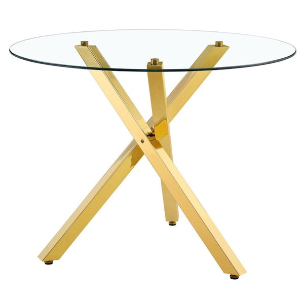 English Elm Table and Chair Set Round Tempered Glass Top Gold X Base with Four PU Seats W1151S04415