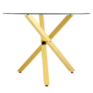 English Elm Table and Chair Set Round Tempered Glass Top Gold X Base with Four PU Seats W1151S04415