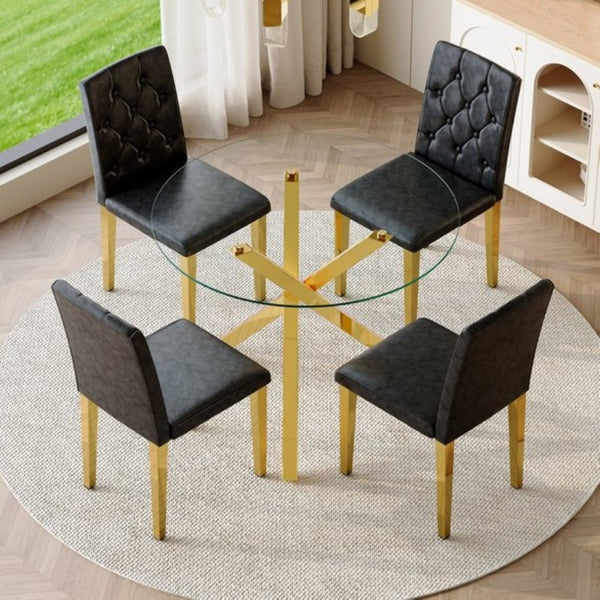 English Elm Table and Chair Set Round Tempered Glass Top Gold X Base with Four PU Seats W1151S04415