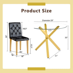 English Elm Table and Chair Set Round Tempered Glass Top Gold X Base with Four PU Seats W1151S04415