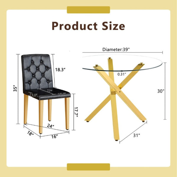 English Elm Table and Chair Set Round Tempered Glass Top Gold X Base with Four PU Seats W1151S04415