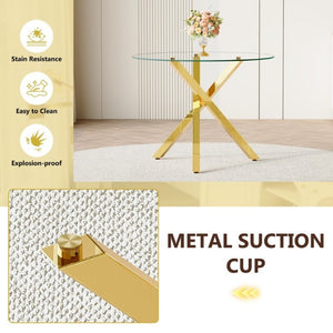 English Elm Table and Chair Set Round Tempered Glass Top Gold X Base with Four PU Seats W1151S04415