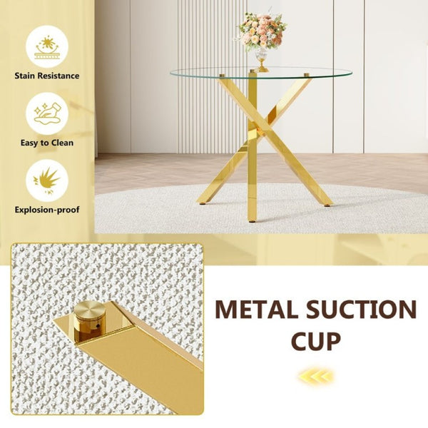 English Elm Table and Chair Set Round Tempered Glass Top Gold X Base with Four PU Seats W1151S04415