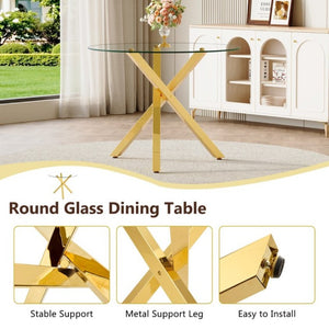 English Elm Table and Chair Set Round Tempered Glass Top Gold X Base with Four PU Seats W1151S04415