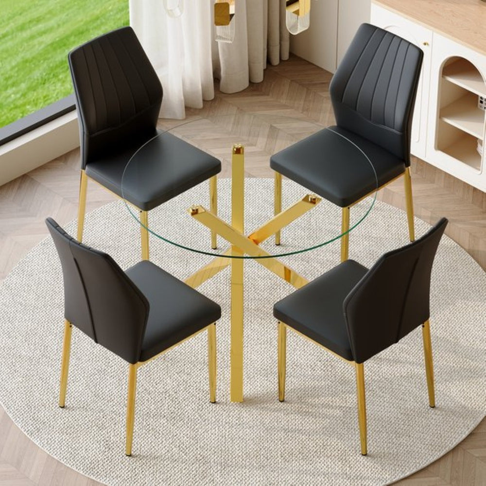English Elm Table and Chair Set Round Tempered Glass Top Gold Base with 4 Black Pu Seats W1151S04417