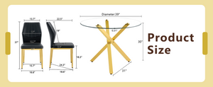 English Elm Table and Chair Set Round Tempered Glass Top Gold Base with 4 Black Pu Seats W1151S04417